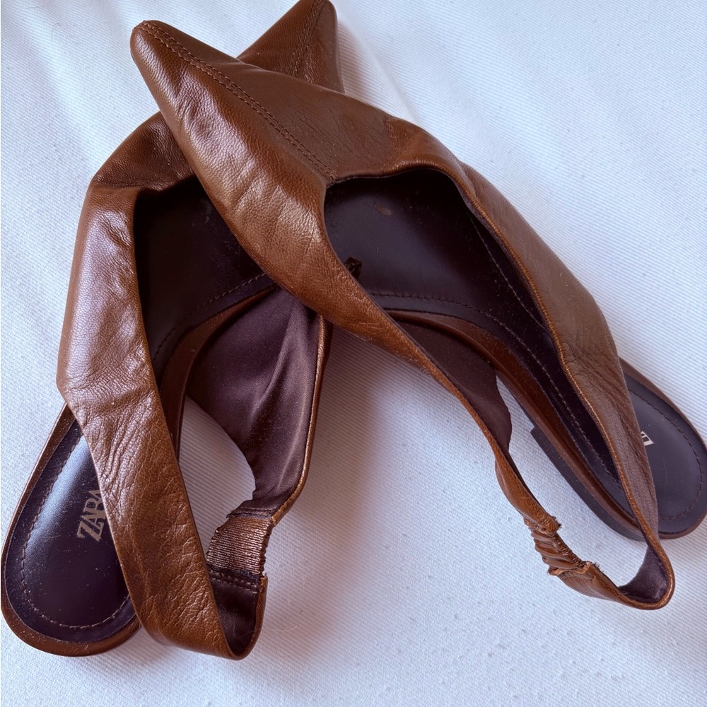 Zara Tan Brown Pointed Leather Slingback Flats